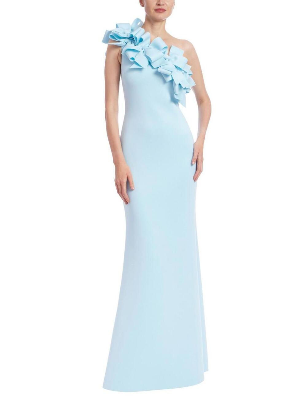 Badgley Mischka 3D Bow One Shoulder Column Gown Light Blue sz 0 NWT Prom  Oscar